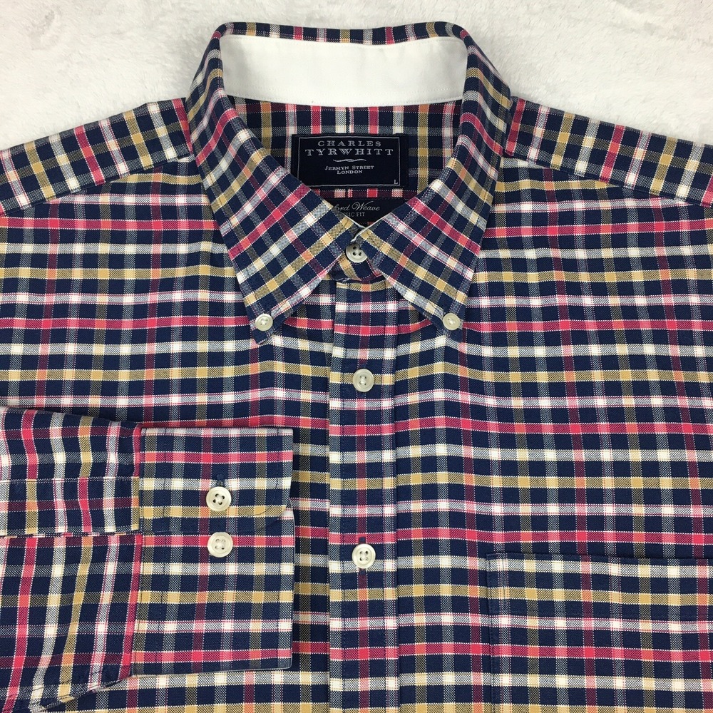 Charles Tyrwhitt Shirt Mens Large Multi-Color Checks Oxford Weave Classic Fit